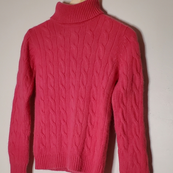 Watermelon Pink Chunky Cable Knit Angora Turtleneck Sweater - Picture 3 of 10